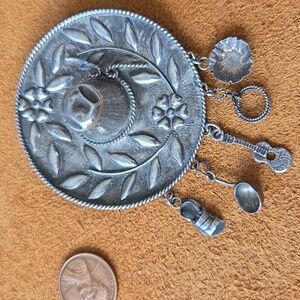 Vintage Mexico 925 Sterling Western Hat Sombrero Brooch Charms Guitar! 13 Grams